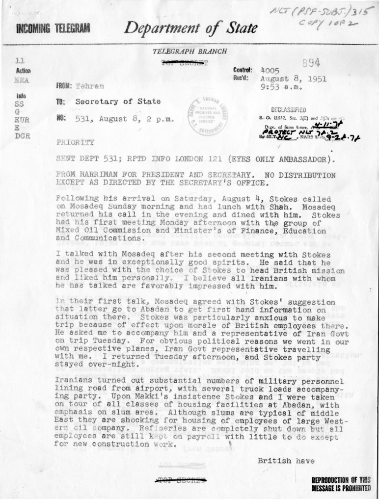 Telegram from Henry Grady to Secretary of State Dean Acheson