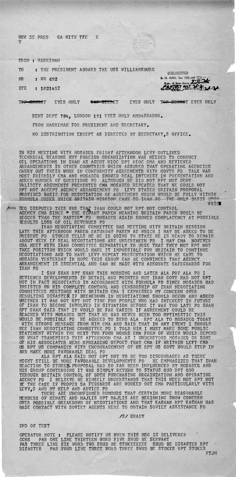 Telegram from Averell Harriman to President Harry S. Truman