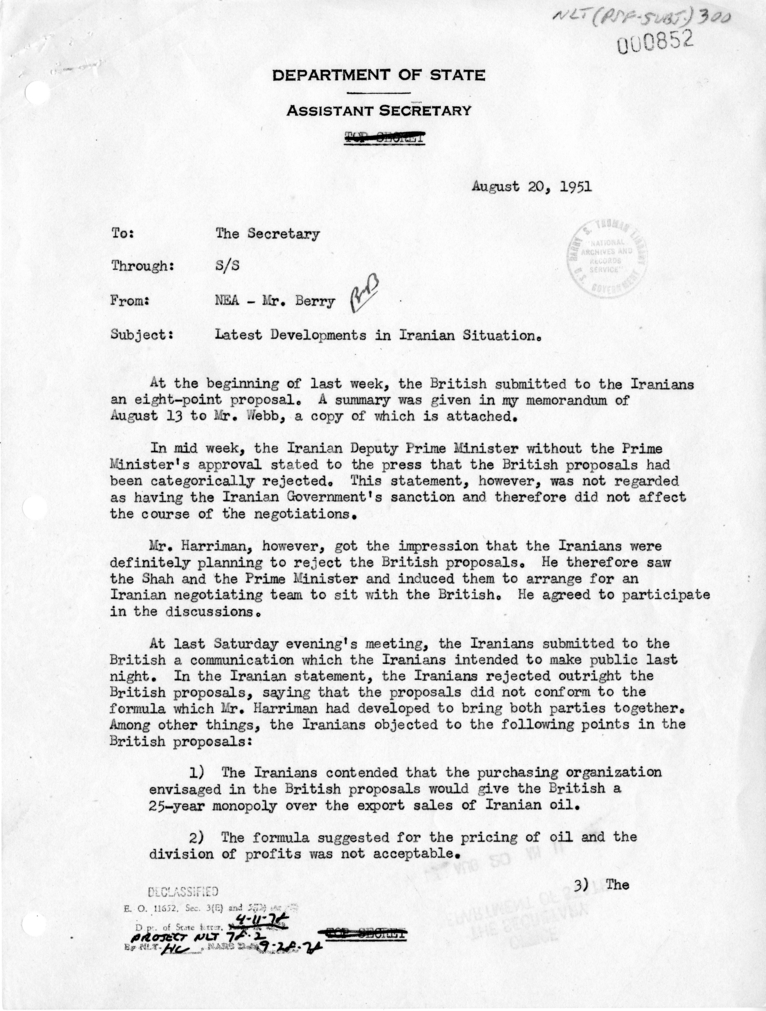 Memorandum from Burton Y. Berry to Secretary of State Dean Acheson