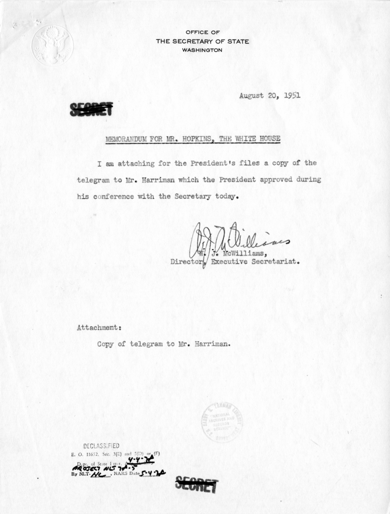 Memorandum from W.J. McWilliams to William Hopkins, with Attachment