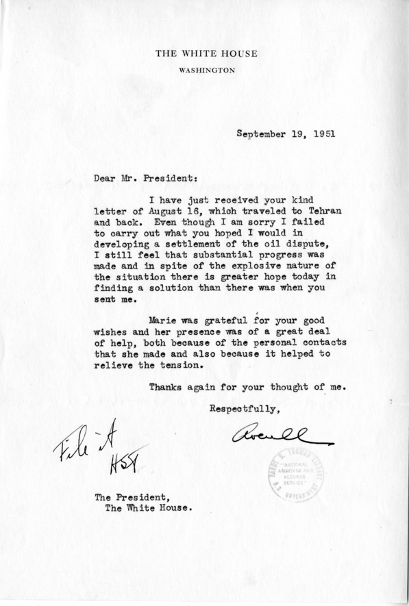 Letter from Averell Harriman to Harry S. Truman