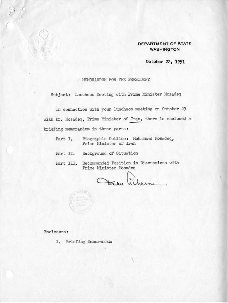 Secretary of State Dean Acheson to President Harry S. Truman, with Attachments