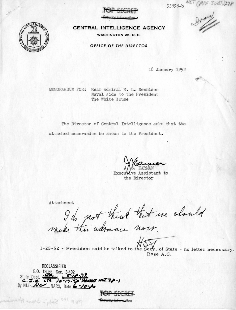 Memorandum from John S. Earman to Rear Admiral Robert L. Dennison, with Attachments