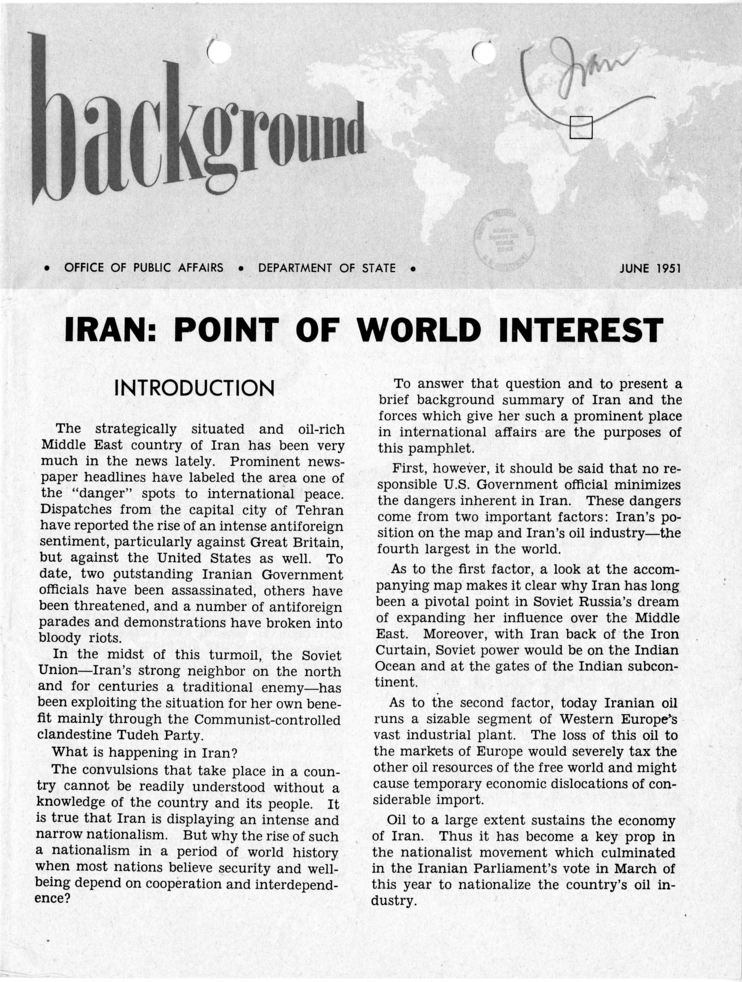 State Department Brochure, â€œBackground: Iran: Point of World Interest"