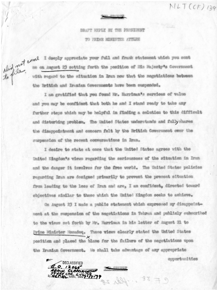 Draft of Letter from Prseident Harry S. Truman to Prime Minister Clement Attlee