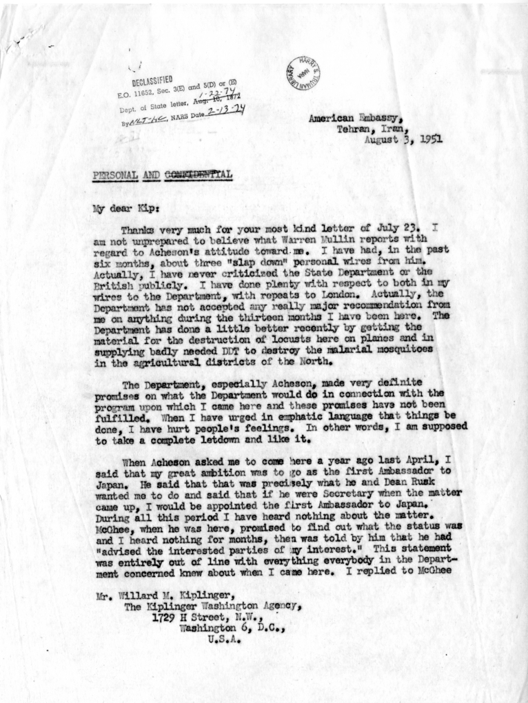 Letter from Henry Grady to Willard Kiplinger