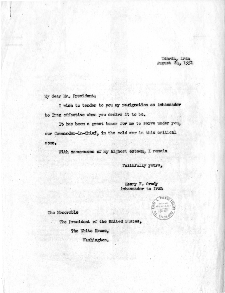 Letter from Henry Grady to President Harry S. Truman