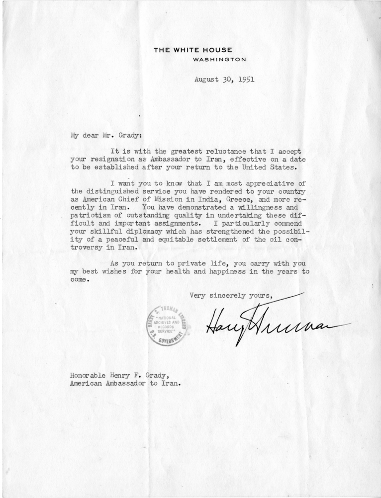 Letter from President Harry S. Truman to Henry Grady