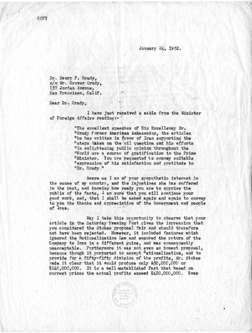 Letter from Nasrollah Entezam to Henry Grady