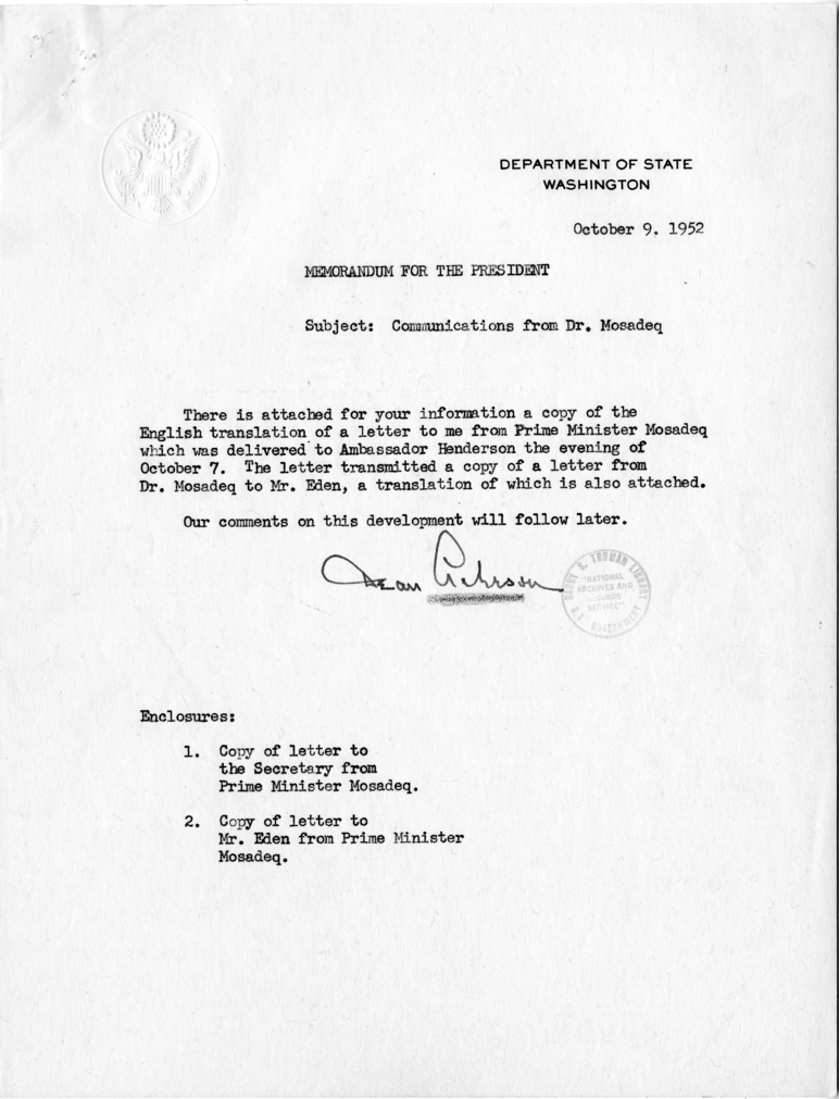 Memorandum from Dean Acheson to Harry S. Truman, with Attachments
