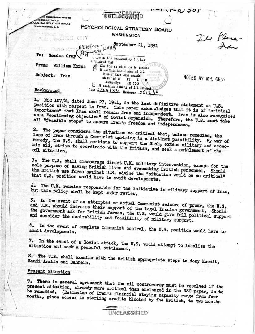 Memorandum from William Korns to Gordon Gray