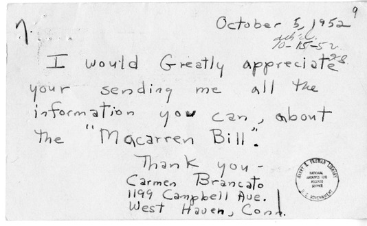 Postcard from Carmen Brancato to President Harry S. Truman, with a Reply from Beth C. Short