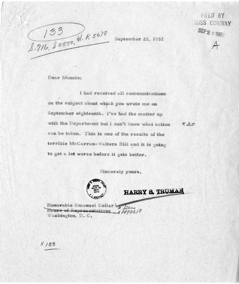 Correspondence Between Representative Emanuel Celler and President Harry S. Truman, with Related Material
