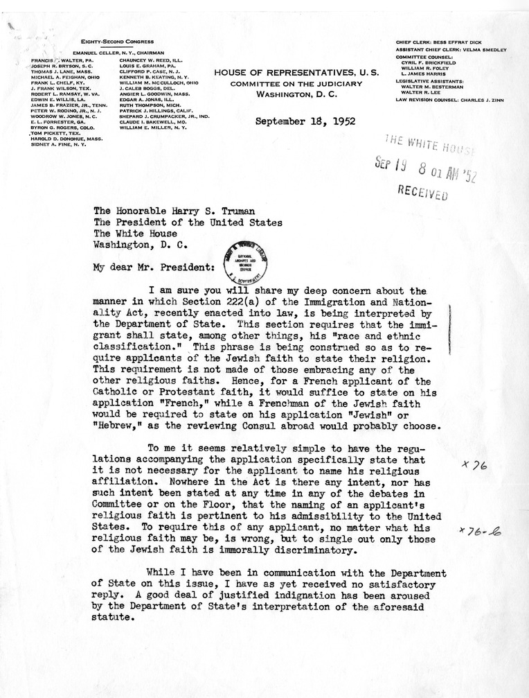 Correspondence Between Representative Emanuel Celler and President Harry S. Truman, with Related Material