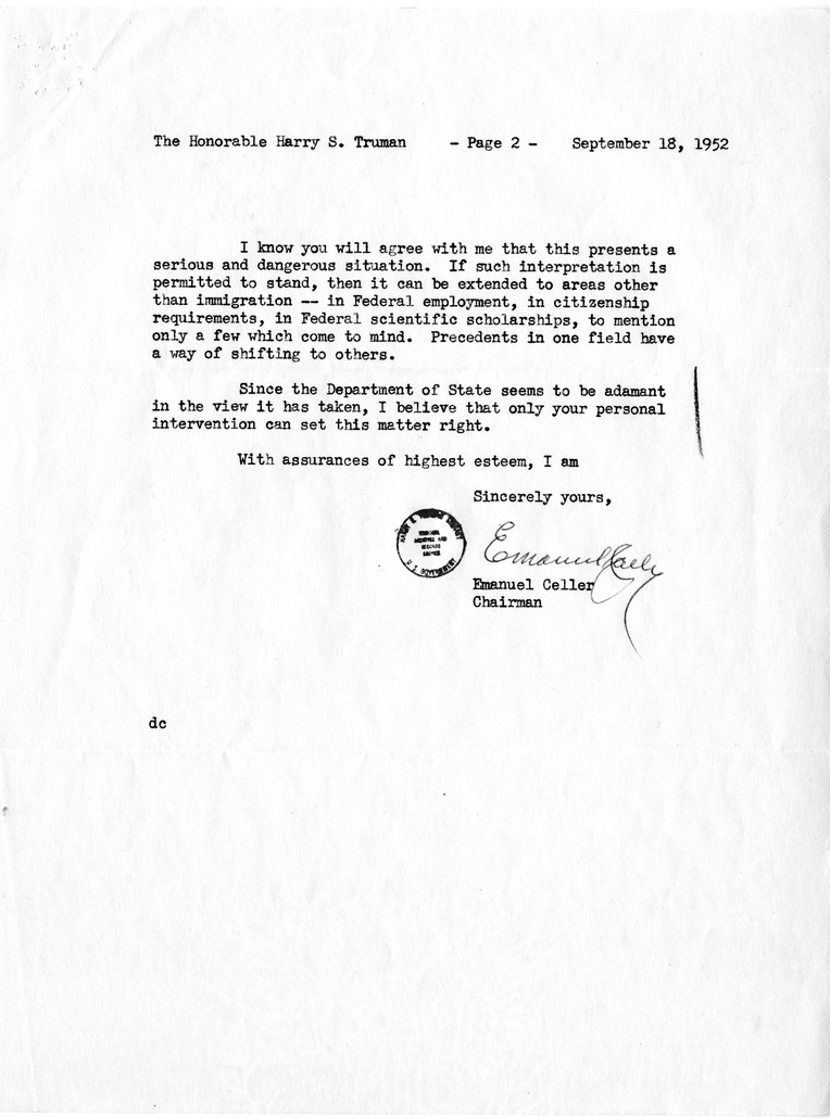 Correspondence Between Representative Emanuel Celler and President Harry S. Truman, with Related Material