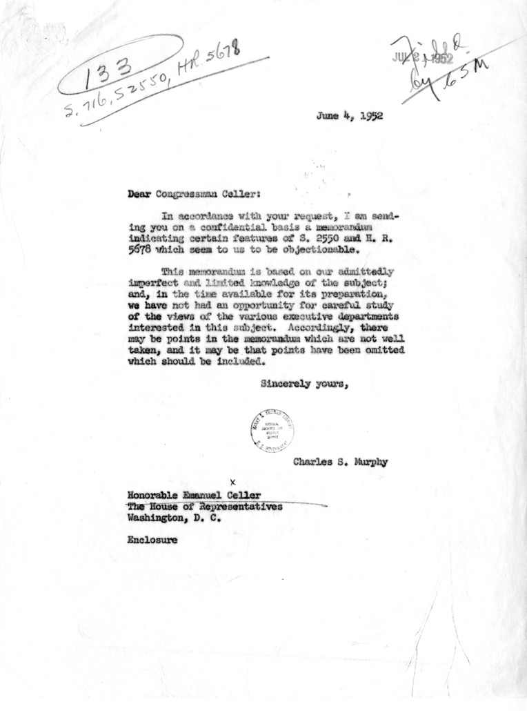 Correspondence Between Representative Emanuel Celler and President Harry S. Truman, with Related Material