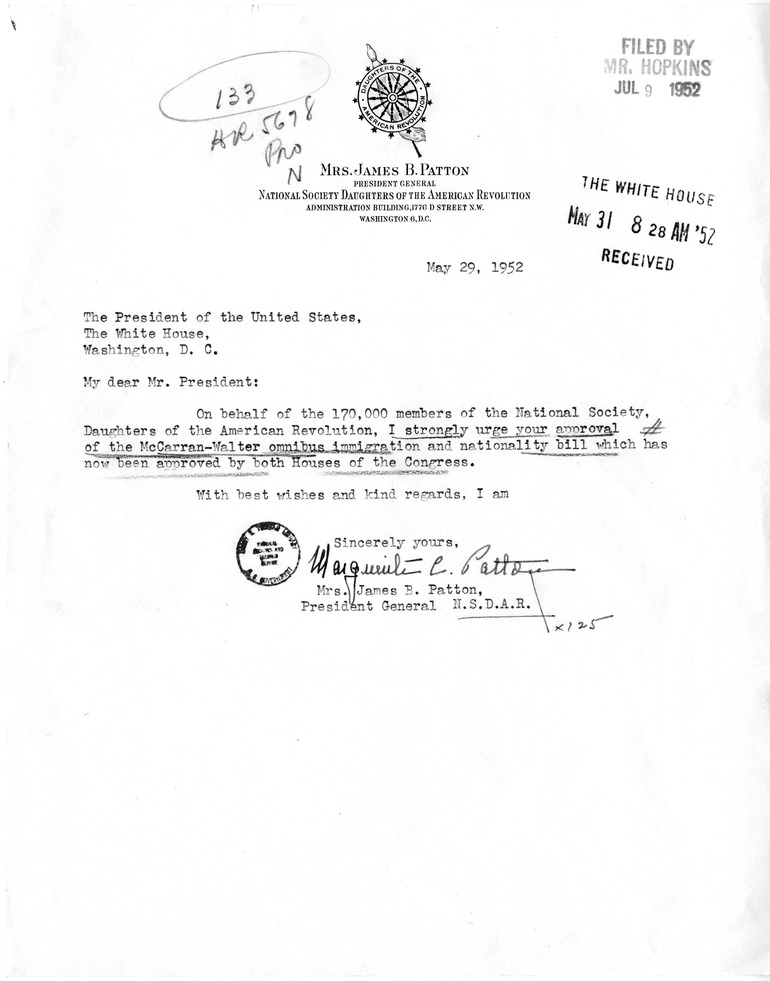 Letter from Mrs. James B. Patton to President Harry S. Truman