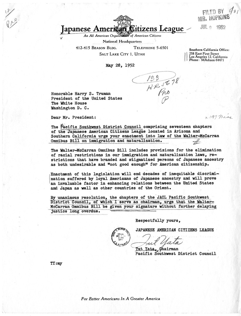 Letter from Tut Yata to President Harry S. Truman