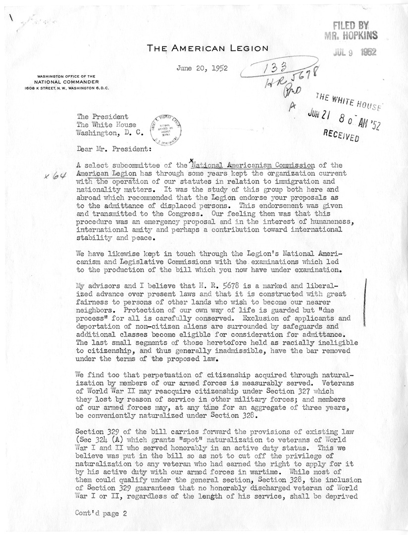 Letter from Donald R. Wilson to President Harry S. Truman