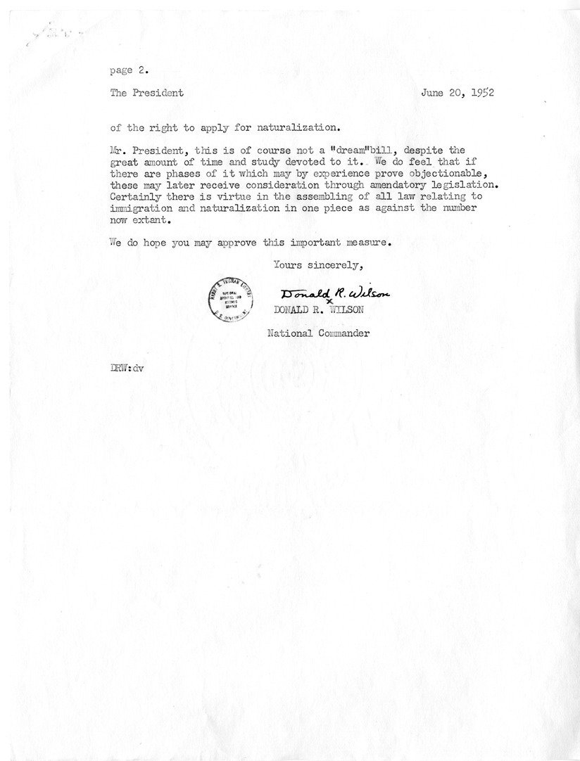Letter from Donald R. Wilson to President Harry S. Truman