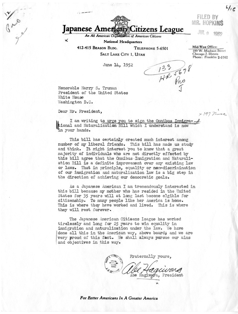 Letter from Abe Hagiwara to President Harry S. Truman