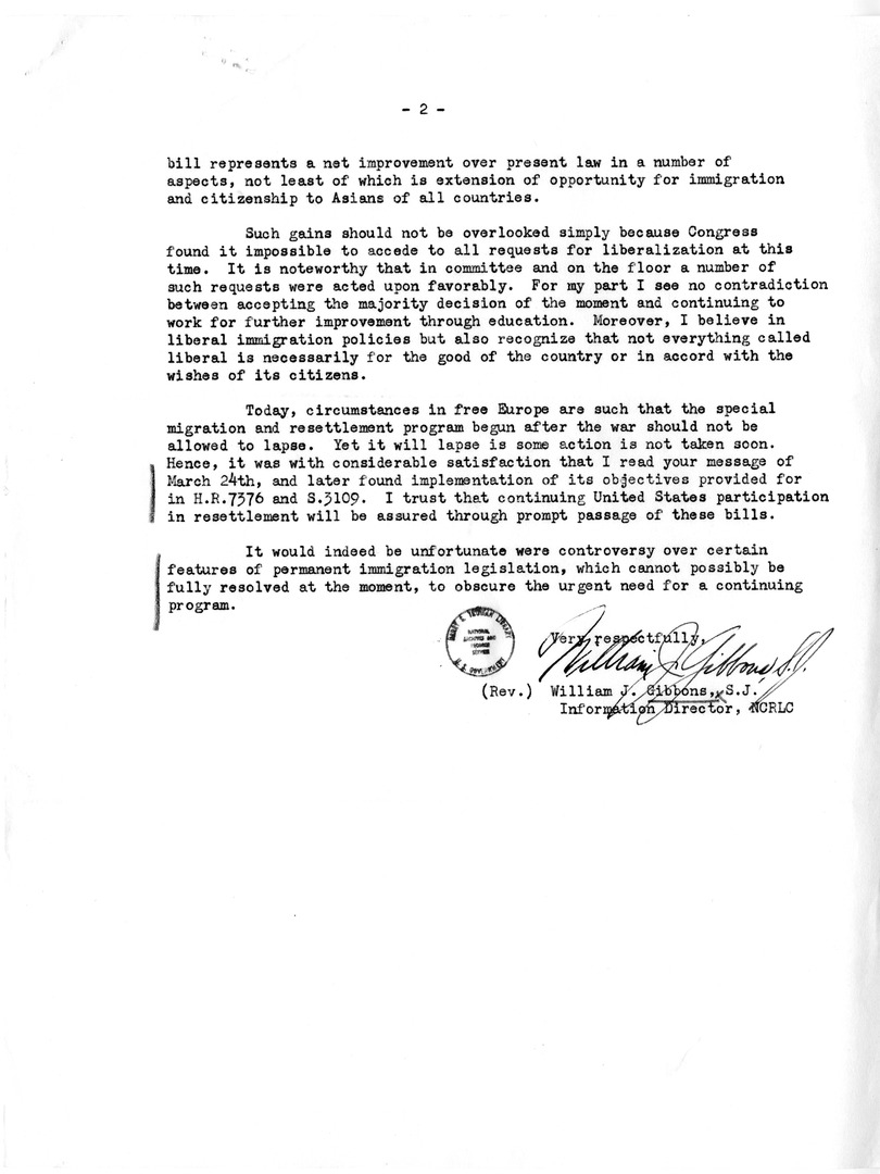 Letter from William J. Gibbons to President Harry S. Truman