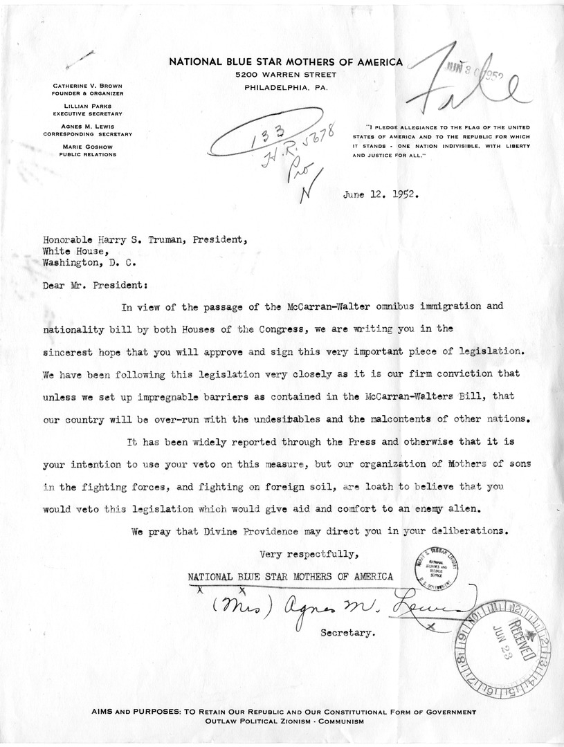 Letter from Agnes M. Lewis to President Harry S. Truman, with Related Material