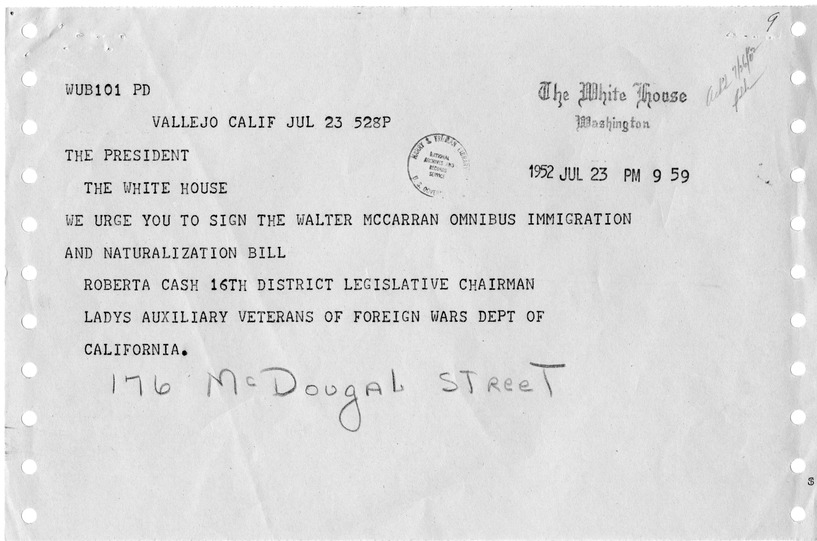 Telegram from Roberta Cash to President Harry S. Truman, with a Reply from Matthew J. Connelly