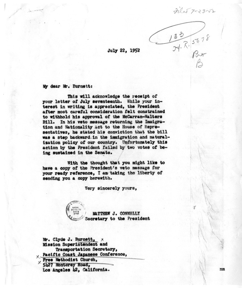 Letter from Clyde J. Burnett to President Harry S. Truman, with a Reply from Matthew J. Connelly