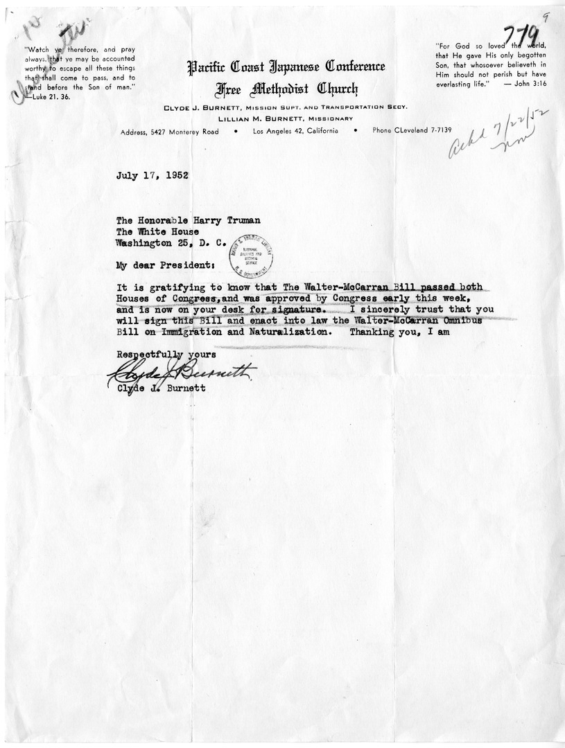 Letter from Clyde J. Burnett to President Harry S. Truman, with a Reply from Matthew J. Connelly