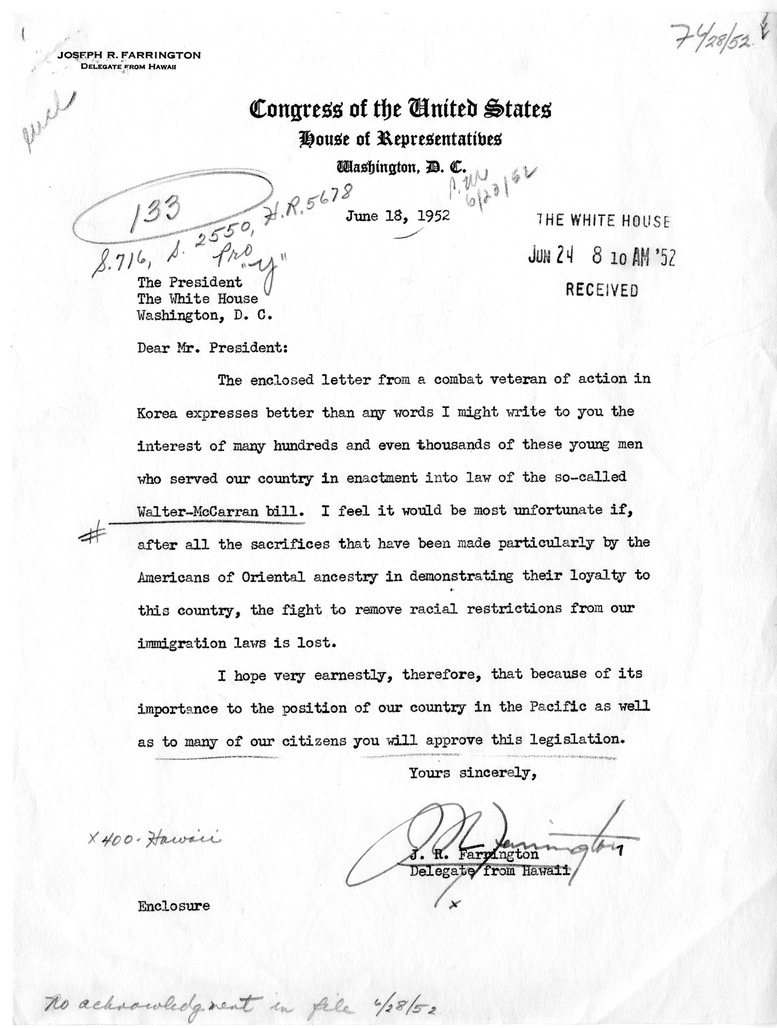 Letter from Delegate J. R. Farrington to President Harry S. Truman, with Attached Letter from Charles M. Yamamoto