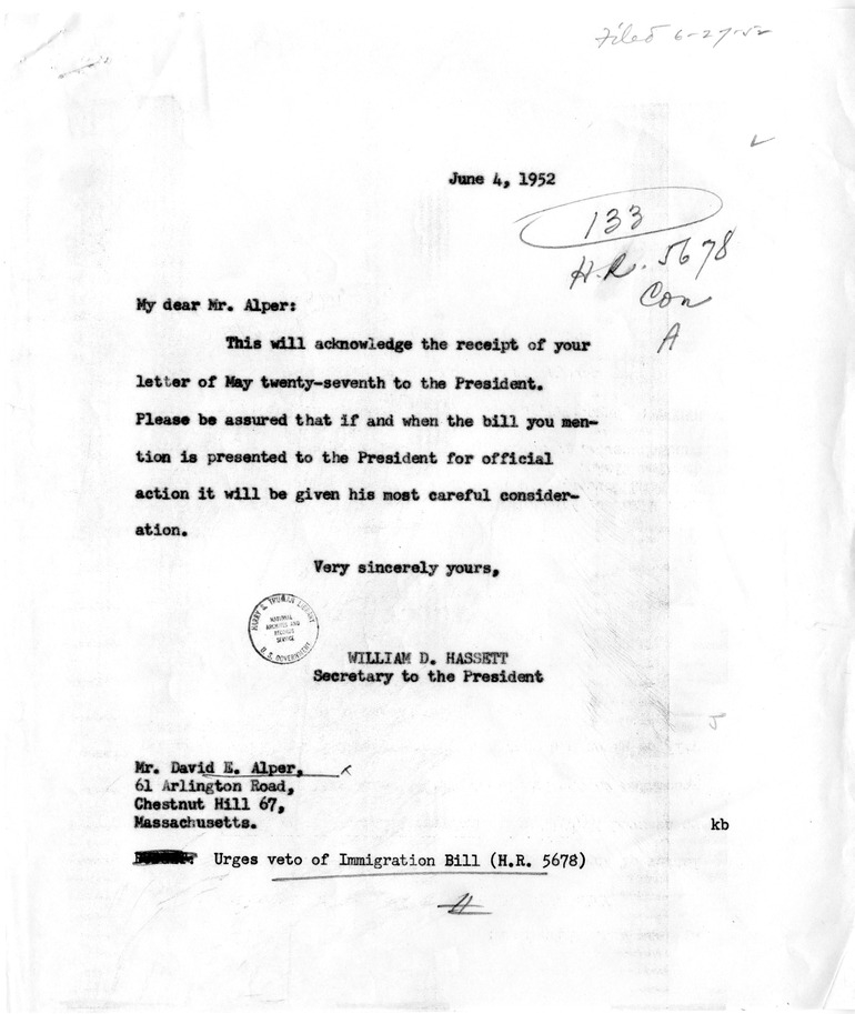 Letter from David E. Alper to President Harry S. Truman, with a Reply from William Hassett