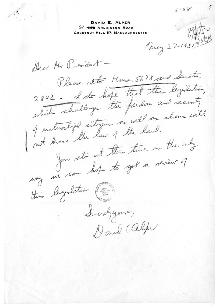 Letter from David E. Alper to President Harry S. Truman, with a Reply from William Hassett