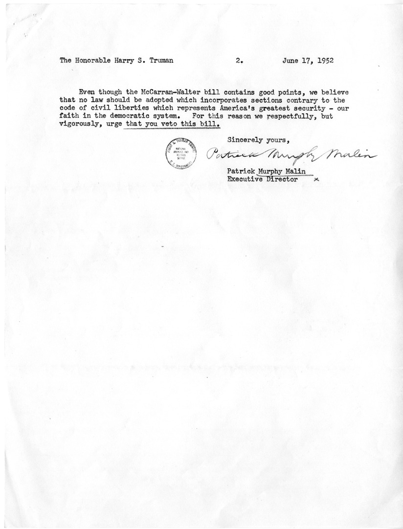 Letter from Patrick Murphy Malin to President Harry S. Truman with Attachment