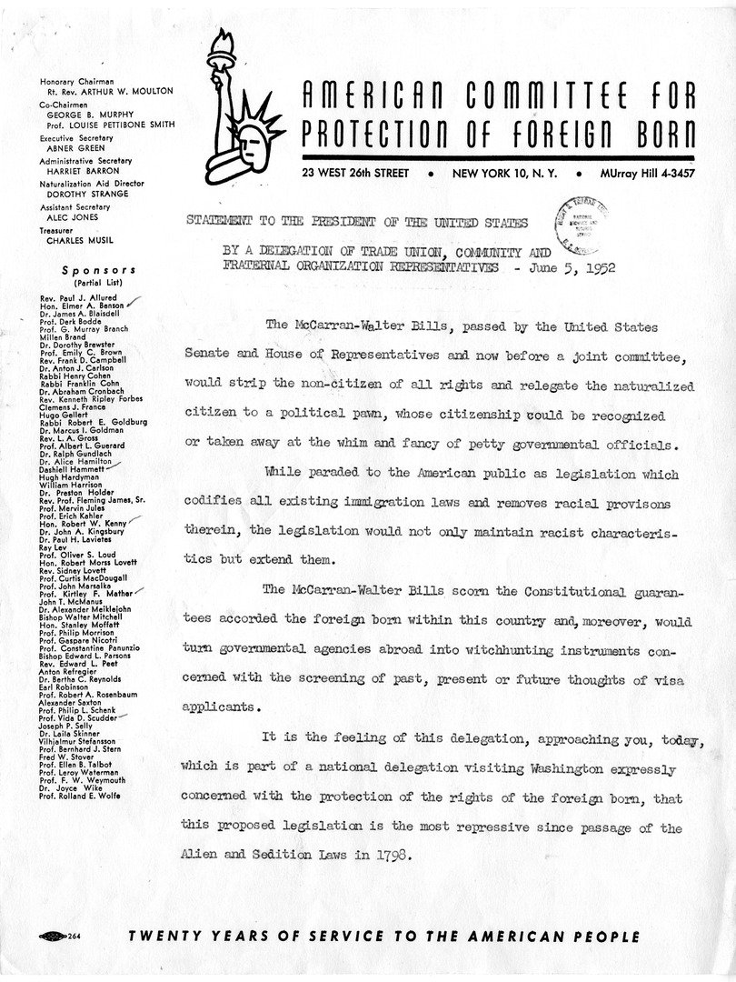 Letter from the American Committee for the Protection of the Foreign Born to President Harry S. Truman, with Attached Internal Notes