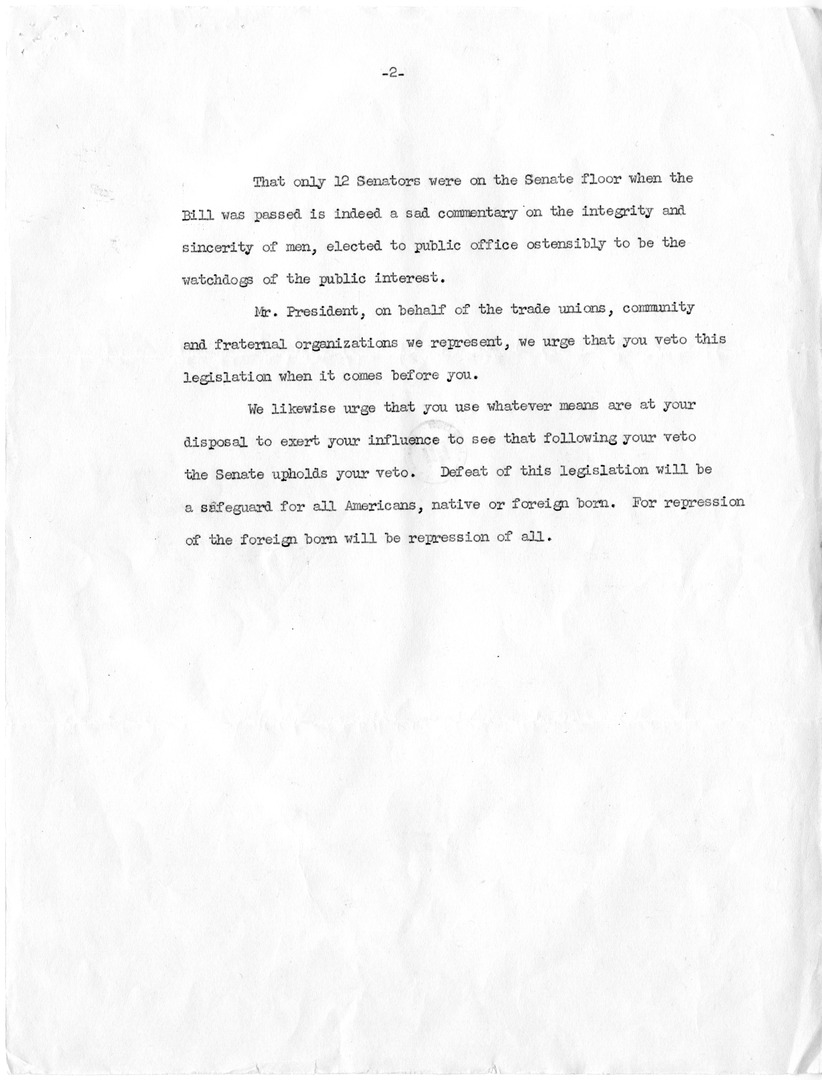 Letter from the American Committee for the Protection of the Foreign Born to President Harry S. Truman, with Attached Internal Notes