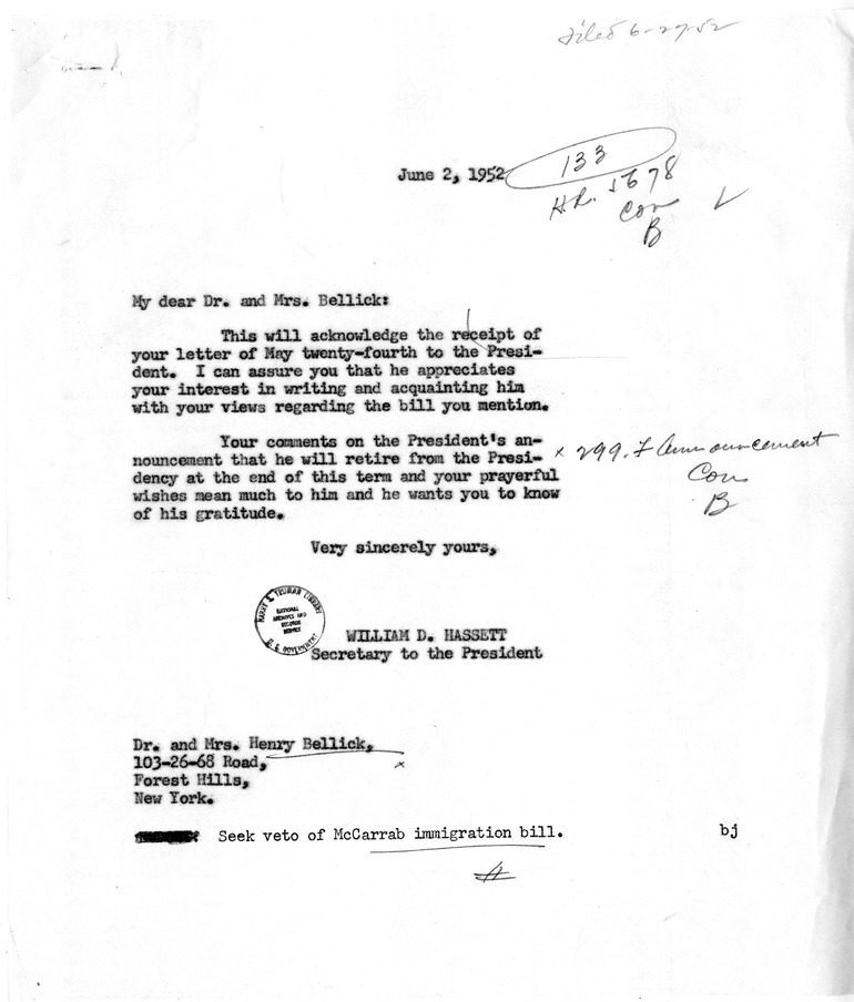 Letter from Dr. and Mrs. Henry Bellick to President Harry S. Truman, with a Reply from William Hassett