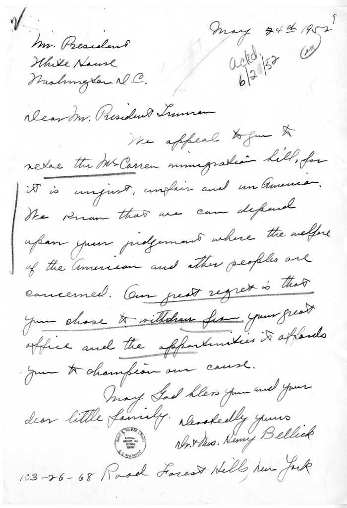 Letter from Dr. and Mrs. Henry Bellick to President Harry S. Truman, with a Reply from William Hassett