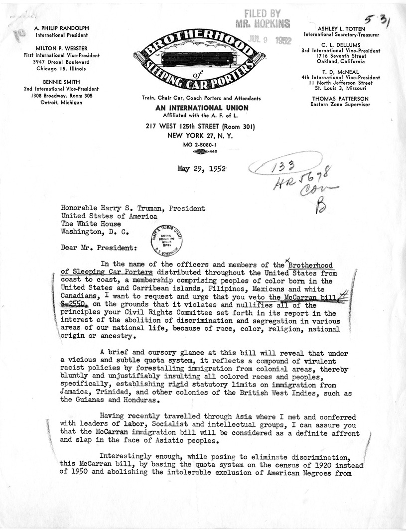 Letter form A. Philip Randolph to President Harry S. Truman