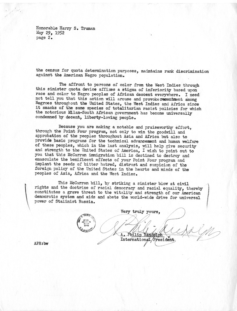 Letter form A. Philip Randolph to President Harry S. Truman