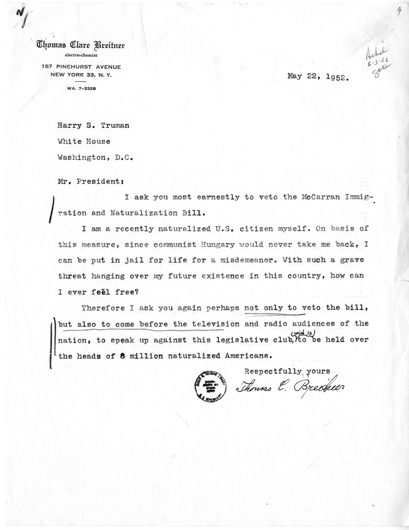 Letter from Thomas C. Breitner to President Harry S. Truman, with a Reply from William Hassett