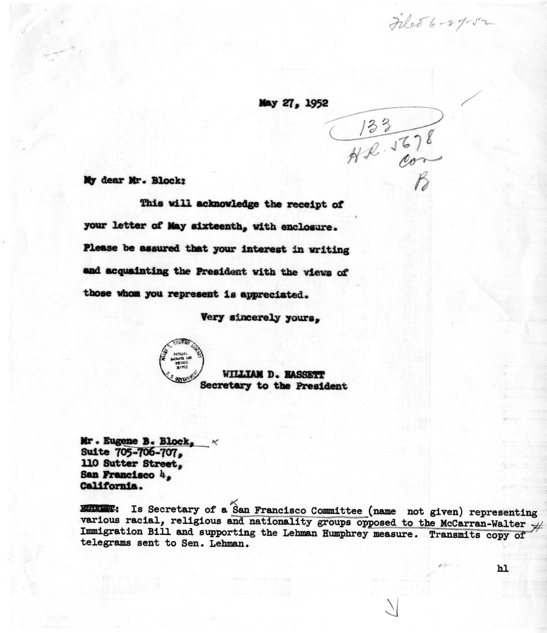 Letter from Eugene Block to President Harry S. Truman with Attachment, with a Reply from William Hassett