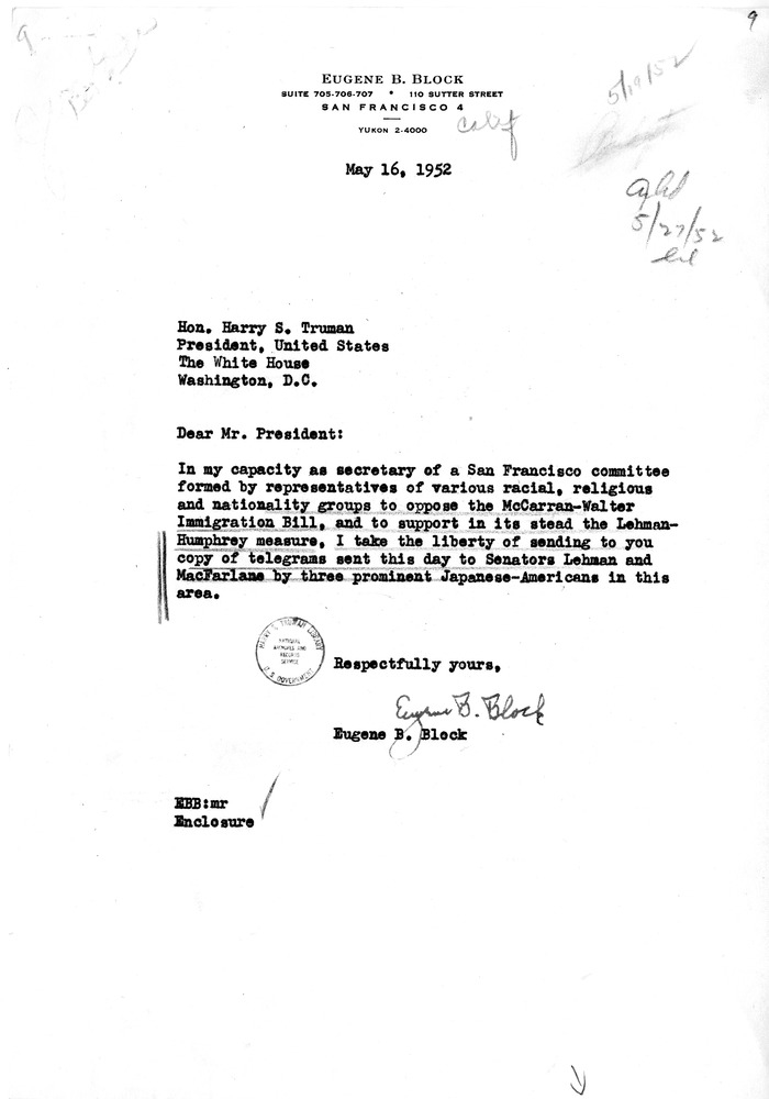 Letter from Eugene Block to President Harry S. Truman with Attachment, with a Reply from William Hassett