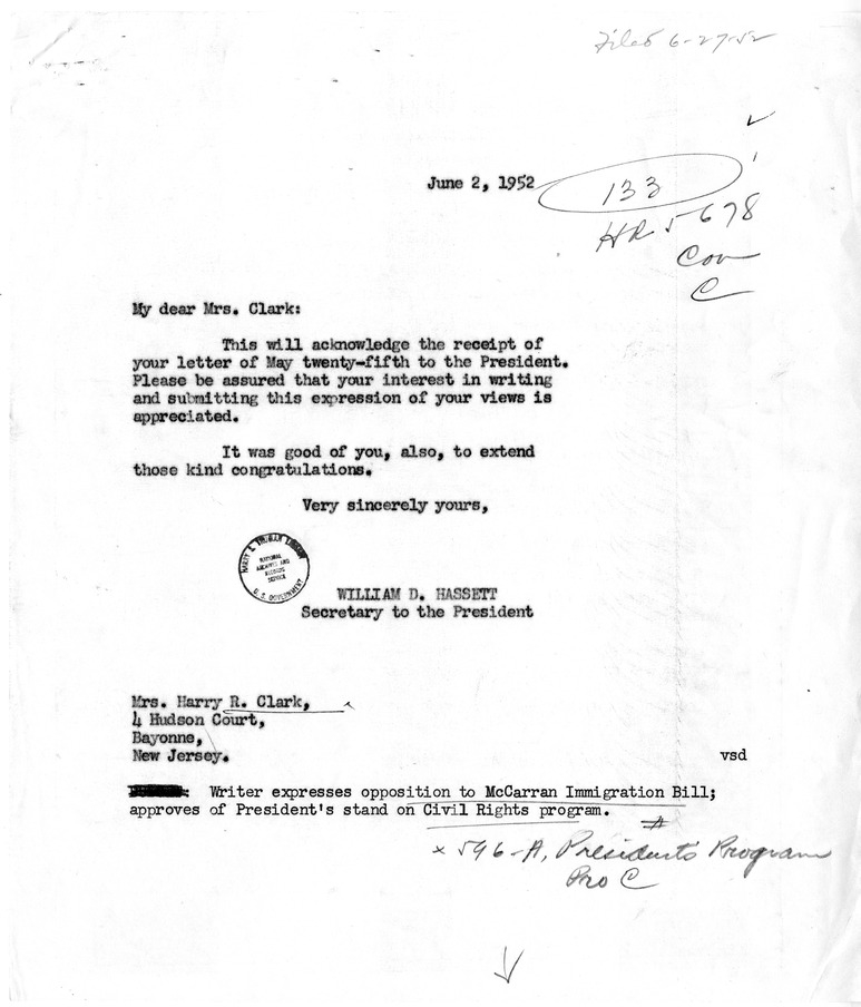 Letter from Janet H. Clark to President Harry S. Truman, with a Reply from William Hassett
