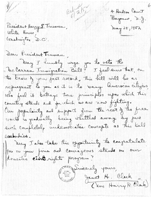 Letter from Janet H. Clark to President Harry S. Truman, with a Reply from William Hassett