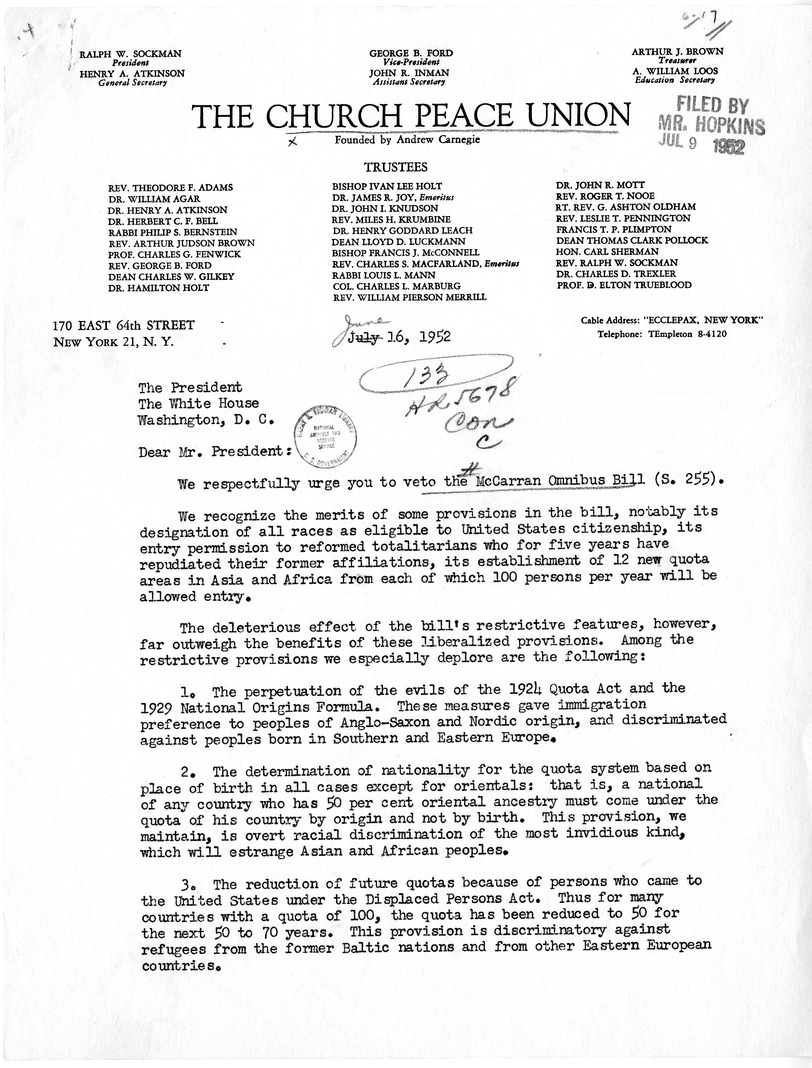 Letter from Ralph W. Sockman and Henry A. Atkinson to President Harry S. Truman