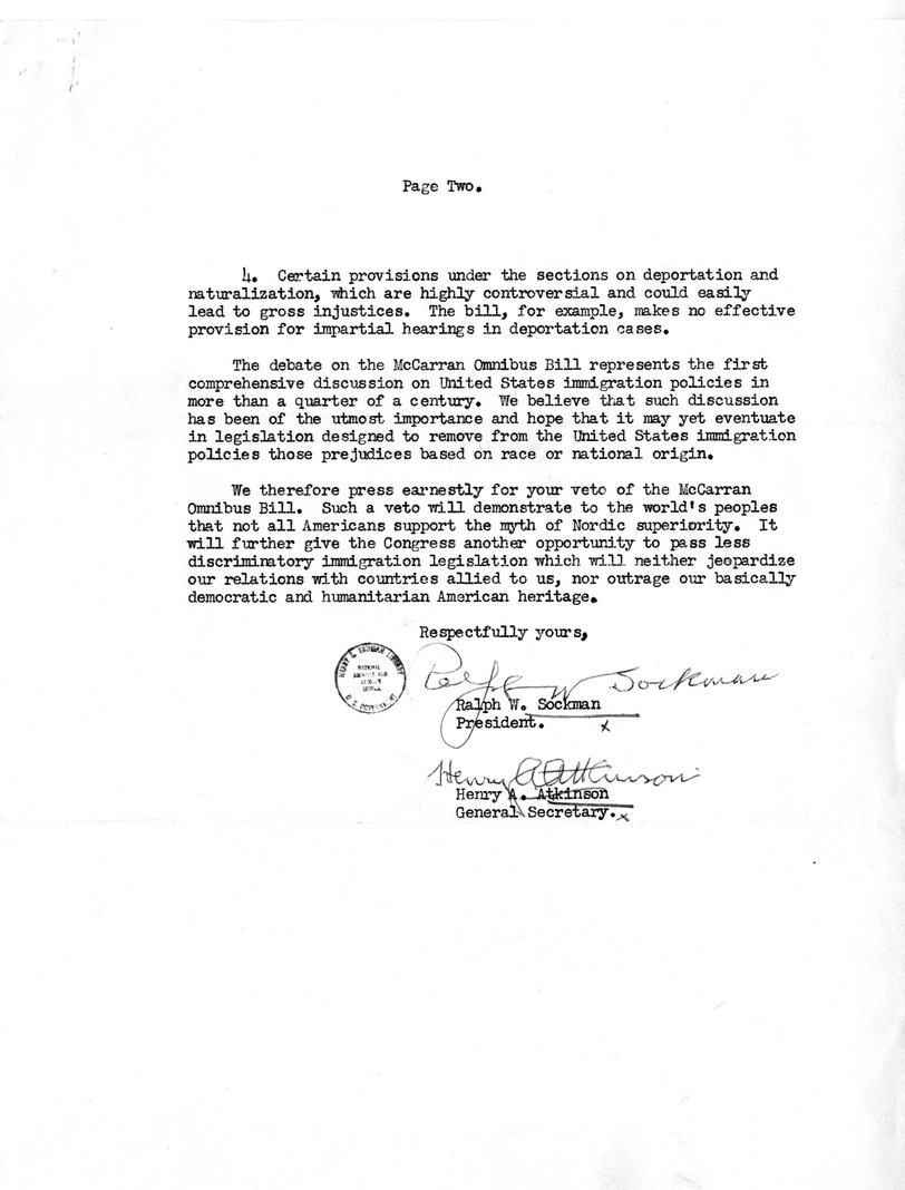 Letter from Ralph W. Sockman and Henry A. Atkinson to President Harry S. Truman