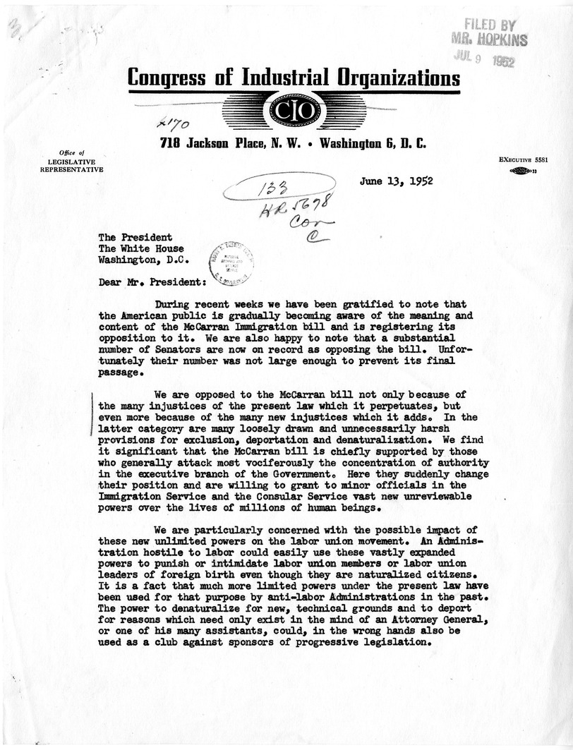 Letter from Nathan E. Cowan to President Harry S. Truman