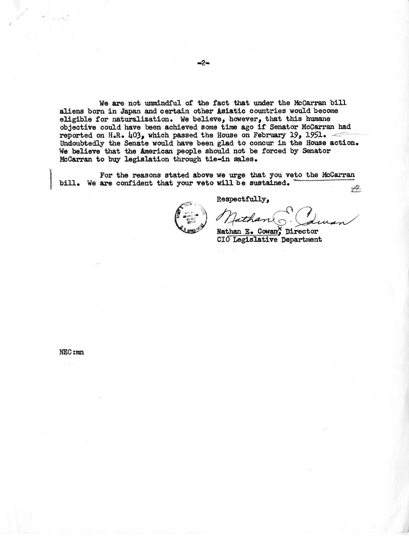 Letter from Nathan E. Cowan to President Harry S. Truman