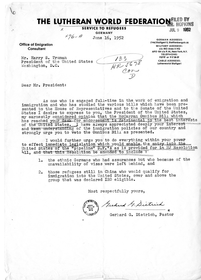 Letter from Gerhard G. Dietrich to President Harry S. Truman